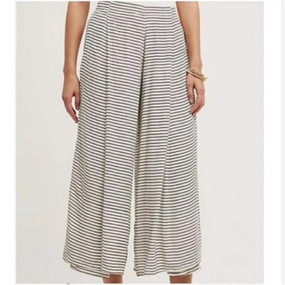 NWT FAITHFULL THE BRAND WHITE BLACK BROWN STRIPED PLEATED WIDE LEG HANDMADE PANT